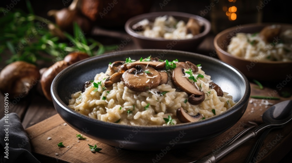 Creamy Mushroom Risotto in a Black Bowl with Herbs and Parmesan Creamy Mushroom Risotto in a Black Bowl with Herbs and Parmesan