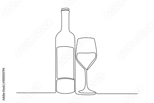 continuous line of wine bottles and glasses.one line drawing vector of wine bottles and glasses.wine drawn in one simple line
