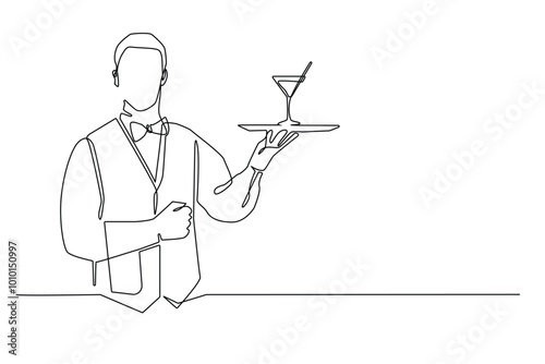 continuous line of waiters carrying cocktails.single line of restaurant waiters carrying trays containing cocktail glasses.male waiters carrying cocktails drawn in one line