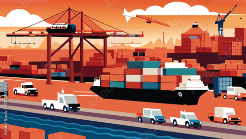 A vector illustration of a busy harbor with cargo ships being loaded.