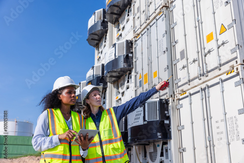 Female Workers Inspecting and Managing Reefer Container Units at a Shipping Yard, Ensuring Temperature Control for Refrigerated Cargo photo