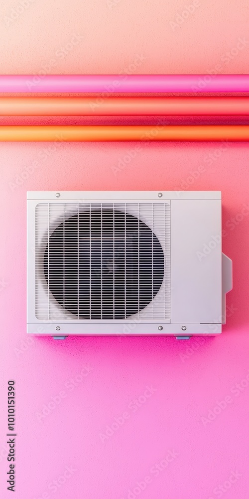 Modern Air Conditioner Unit on Pink Wall with Colorful Piping Modern Air Conditioner Unit on Pink Wall with Colorful Piping
