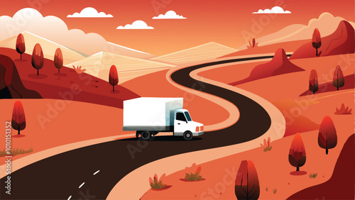 A vector illustration of a delivery truck driving on a winding road in a countryside setting with mountains in the distance.