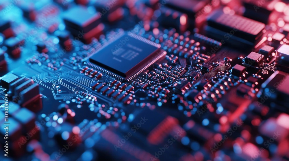 Close-up of a Circuit Board with Red and Blue Lighting Close-up of a Circuit Board with Red and Blue Lighting