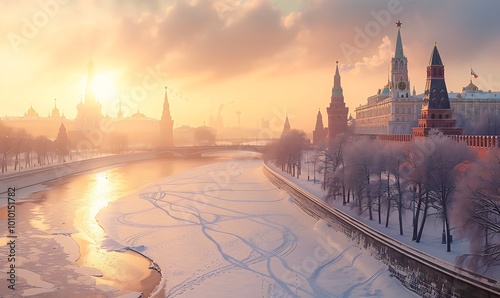 Panoramic view of Moscow Kremlin and Moscow river at sunset, Russia