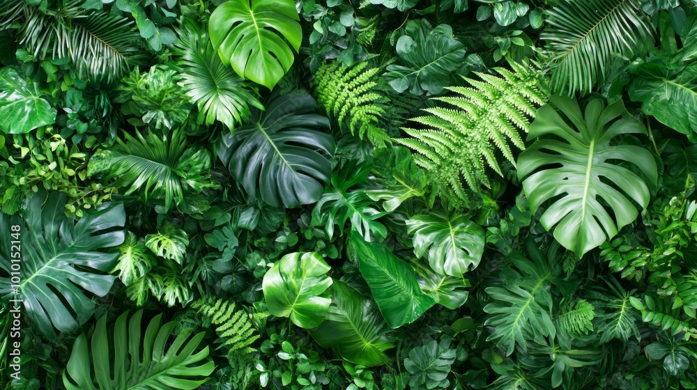 A lush green wall of tropical plants, featuring various leaves and textures, creating a natural and vibrant background.
