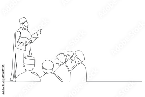 one continuous line drawing of Islamic studies.single line drawing of an Islamic teacher giving a lesson to his students.single line drawing of a Muslim cleric reading a book to students 