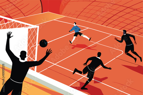 Vector illustration of handball game, players passing.