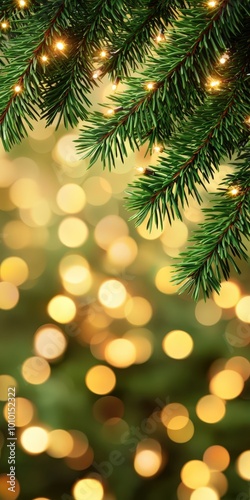 Christmas Tree Branch with Bokeh Lights Festive Background