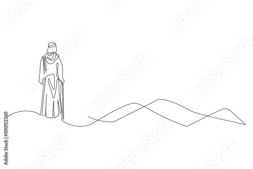 one continuous line drawing of Islamic people standing on a hill.one line drawing of people in traditional Islamic clothing standing on a hill.single line Islamic travelers