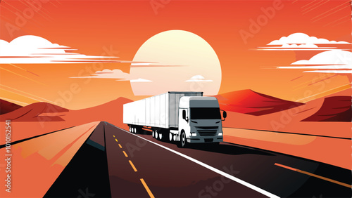 A large white delivery truck drives on a long, straight road in the desert at sunset.