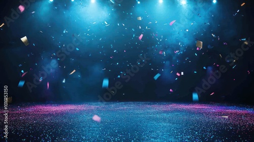 A vibrant stage with colorful confetti under blue lights, ideal for celebrations or performances.