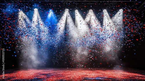 A stage with colorful confetti and dramatic lighting, creating a festive atmosphere.