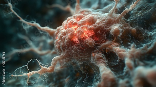 3d rendering of a mutated cancerous cell spreading through the body