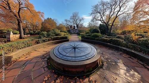 Large compass in a peaceful park setting during autumn