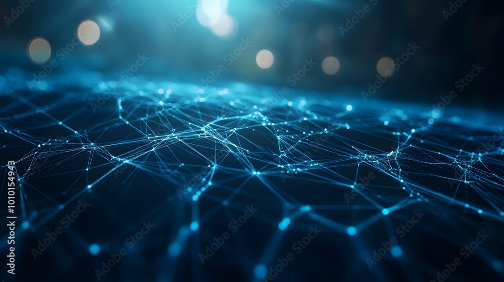 Obraz premium A blue background with a lot of lines and dots. The lines and dots are connected to each other in a way that they form a pattern. The image has a futuristic and technological feel to it
