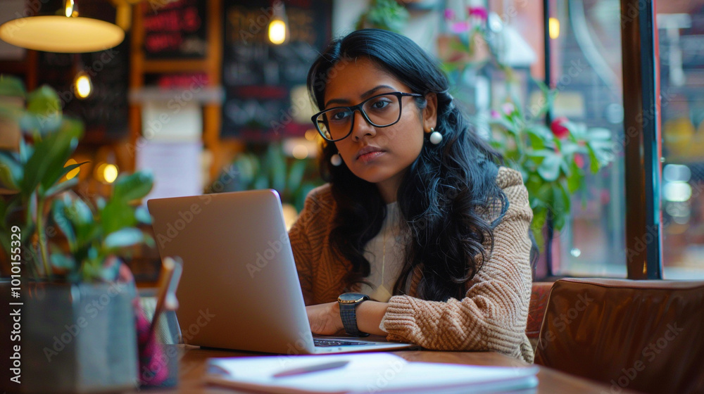Businesswoman taking notes while operating a laptop. Businesswoman taking notes while operating a laptop.