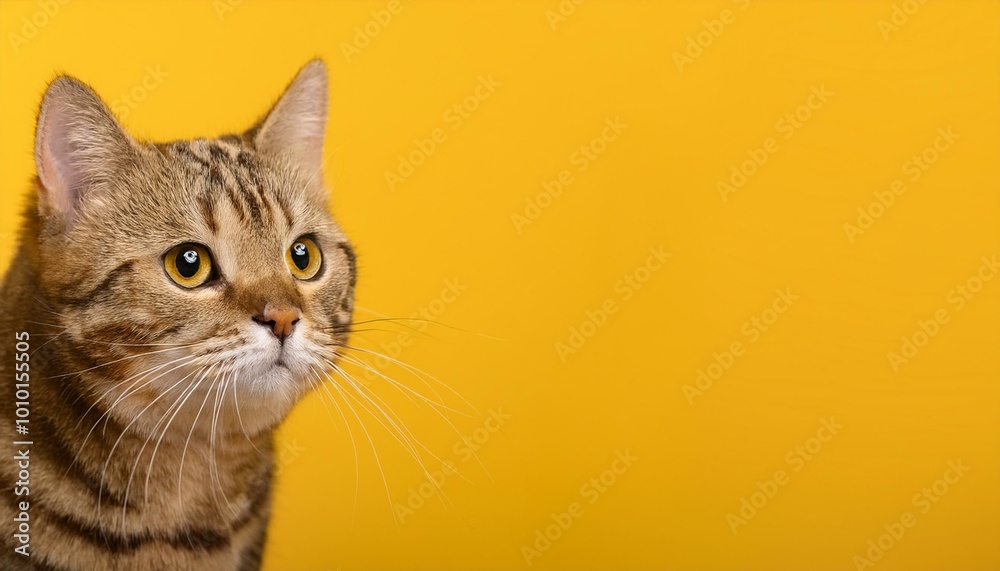 Detailed portrait of a shorthair cat, perfect for text or design elements in the yellow background Detailed portrait of a shorthair cat, perfect for text or design elements in the yellow background