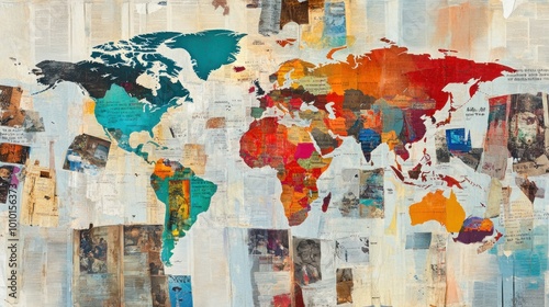 A colorful world map collage made from various paper textures and colors.