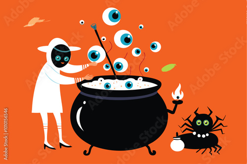 A witch stirring a cauldron full of eyeballs with a long black stirring stick.