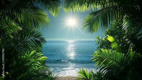Sun shining through lush tropical foliage revealing a glistening ocean.