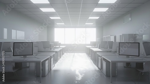 Empty room of videogame developpers  white light  computers  