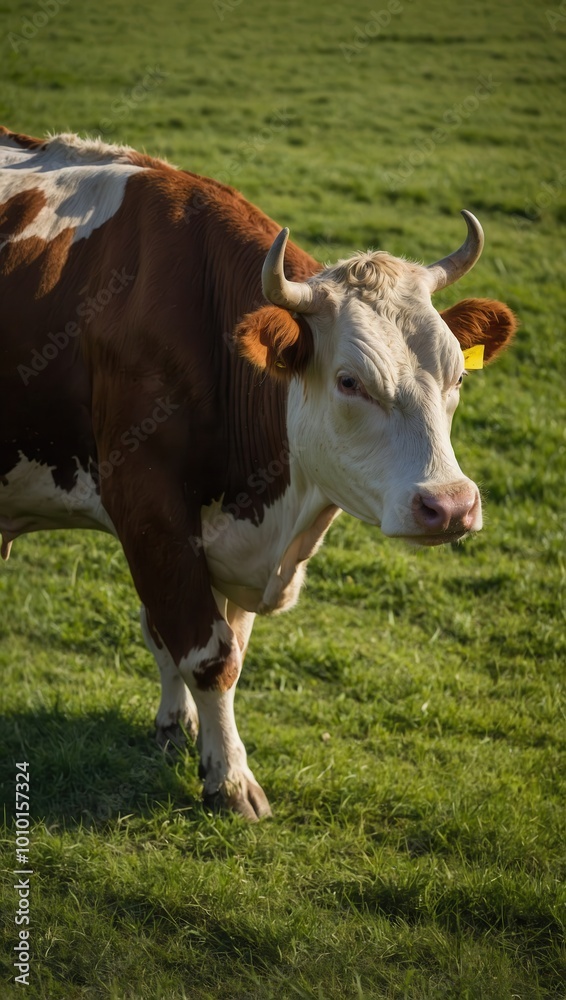 Brown and white cow with long horns standing in grassy pasture Brown and white cow with long horns standing in grassy pasture