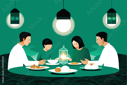 Vector illustration of a family sitting around a low table, enjoying a meal.