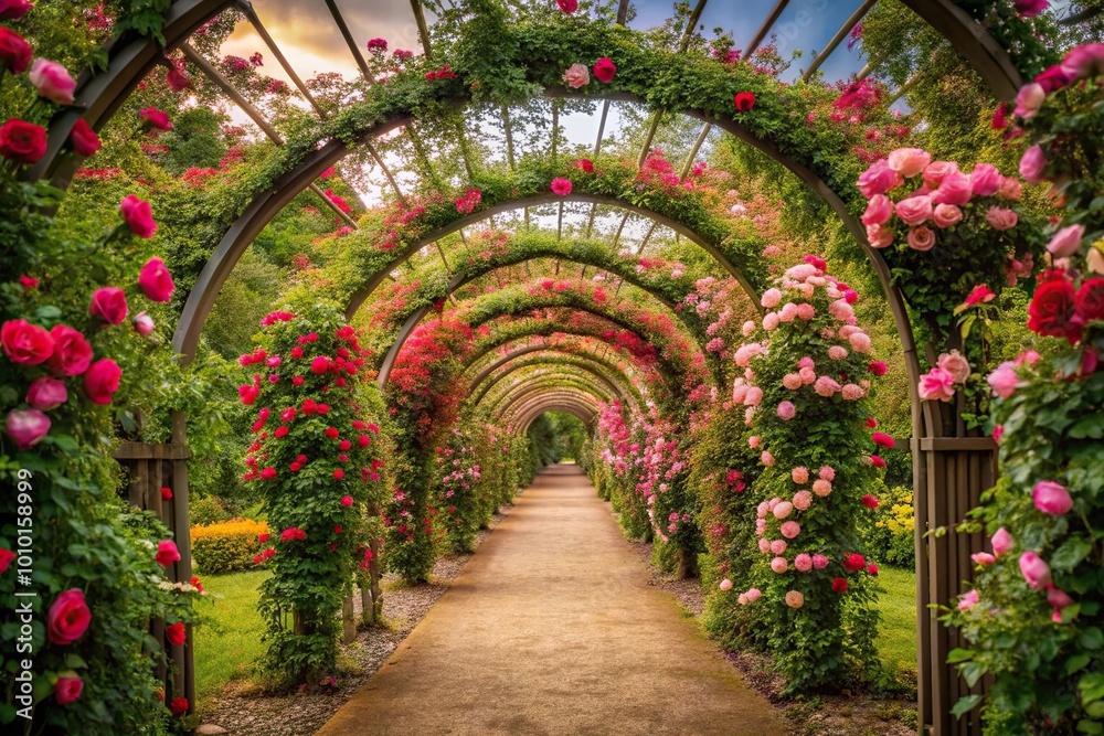 Fototapeta premium Enchanting garden path with rose covered archways