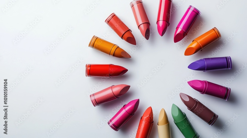 Naklejka premium A colorful trail of lipsticks arranged in a circle, standing on a clean white backdrop, evoking beauty and luxury with their vibrant shades