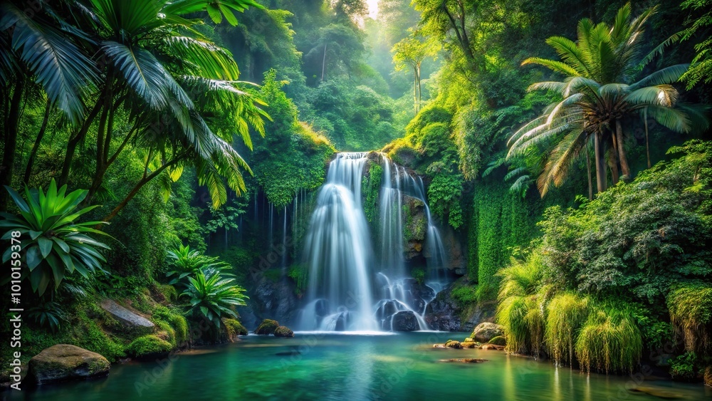 Enchanting jungle waterfall hidden in lush foliage Enchanting jungle waterfall hidden in lush foliage