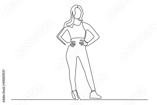 continuous line of woman putting hand on waist.one line drawing portrait of woman's hand on waist.single line vector illustration.isolated white background