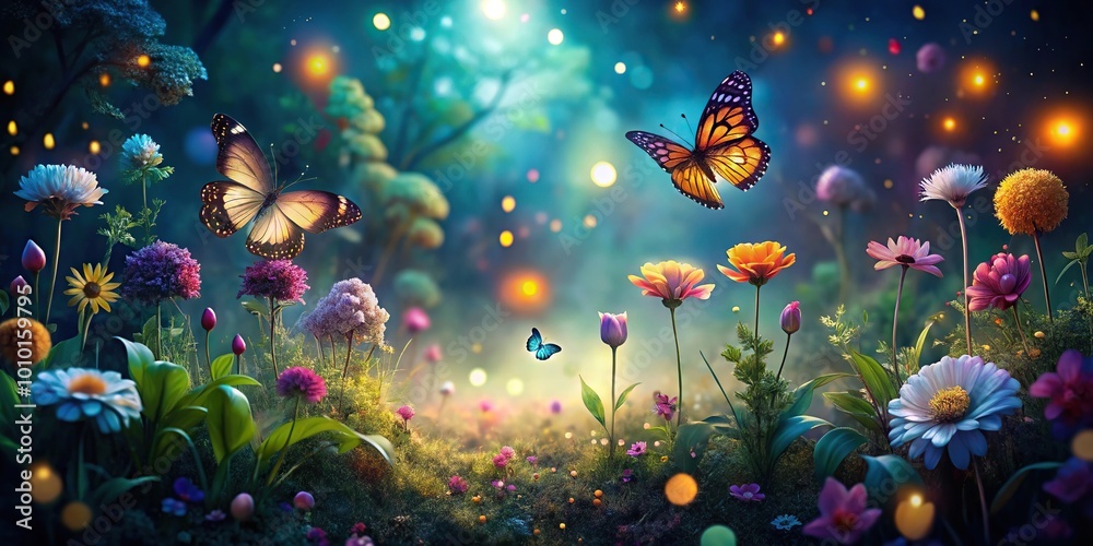 Enchanting nighttime garden with glowing flowers and butterflies