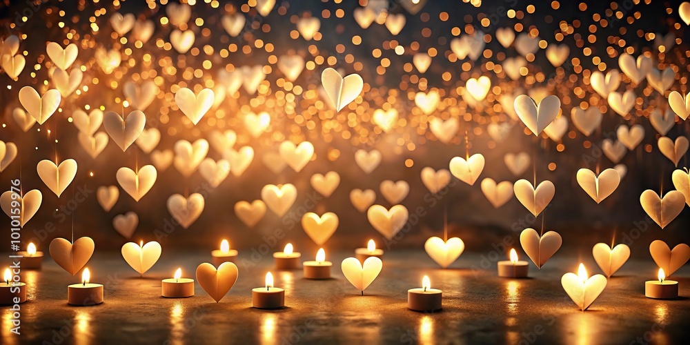 Enchanting scene of floating paper hearts illuminated by candlelight Enchanting scene of floating paper hearts illuminated by candlelight
