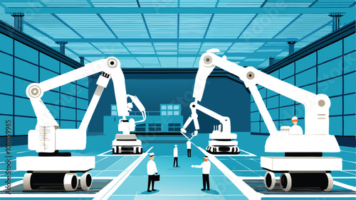 Illustration of a large, industrial heavy equipment testing facility with multiple robotic arms and engineers overseeing the process.