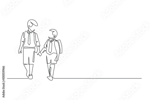continuous line of brothers and sisters going to school.one line drawing of brothers and sisters holding hands.one line vector back to school