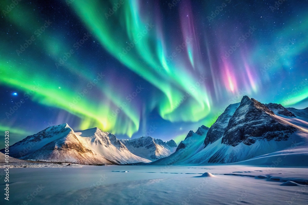 Enchanting view of northern lights over snow covered mountains Enchanting view of northern lights over snow covered mountains