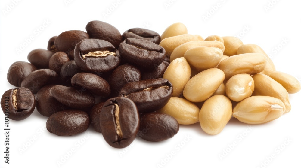 A close-up of roasted coffee beans and raw peanuts arranged side by side.