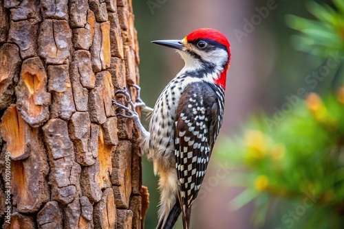 Endangered red cockaded woodpecker perched on a pine tree photo