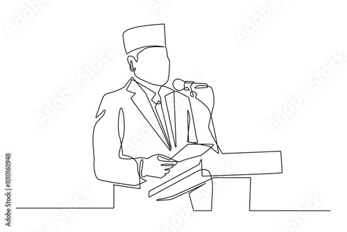 vector continuous line of Muslim official giving a speech.single line vector of man speaking in public,speaking on the pulpit.man giving a speech,delivering a presentation