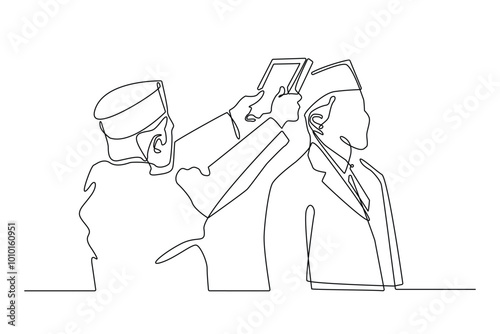 vector continuous line taking the oath of office.one line drawing of Muslim state officials taking the oath of office based on the Koran.one line inauguration of state officials