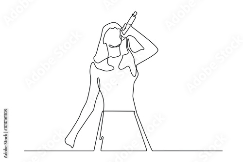 continuous line of female singer.single line of female singing.line art of female holding mic and singing.isolated white background