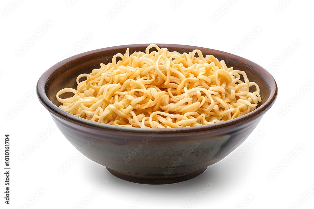 Instant noodles in bowl with chopsticks isolated on white background.