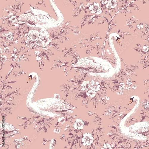 A pastel Toile de Jouy seamless pattern featuring elegant swans and florals on a soft pink background,