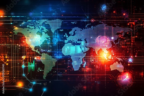 Global Network  Digital Map with Red and Blue Highlights