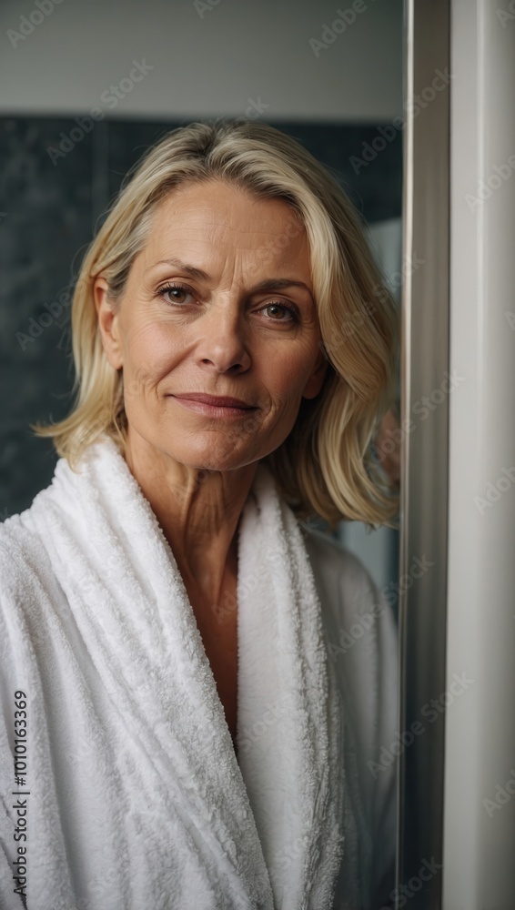 Fototapeta premium Contemplative middle-aged woman in white robe by bathroom