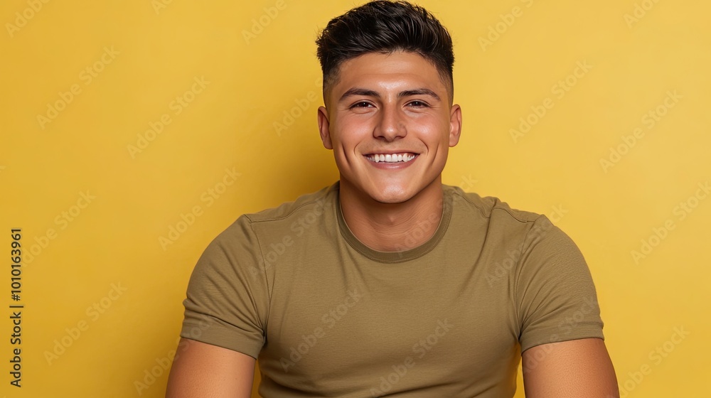 A young man with a charming smile looking at the camera, sitting on a yellow background wearing a green t-shirt. A young man with a charming smile looking at the camera, sitting on a yellow background wearing a green t-shirt.