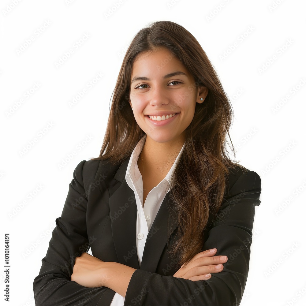 A young brunette, Hispanic, career woman, dressed as a manager, poses in front of the lens smiling but without showing her teeth, shot in a half-length pose with her arms crossed, hands not visible A young brunette, Hispanic, career woman, dressed as a manager, poses in front of the lens smiling but without showing her teeth, shot in a half-length pose with her arms crossed, hands not visible