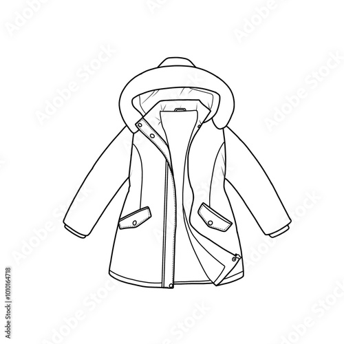 Windbreaker hooded jacket, windproof hooded jacket for girl's outline drawing. Hand-drawn illustration outerwear jackets technical fashion illustration. Flat coat template design, front view.