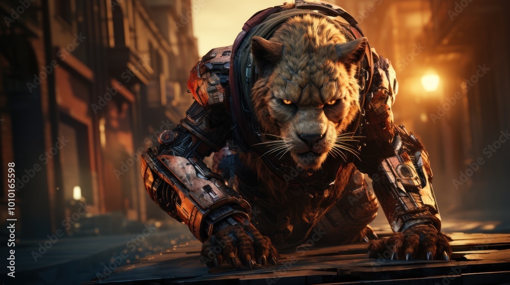 Fototapeta premium Cybernetic Lion in a City